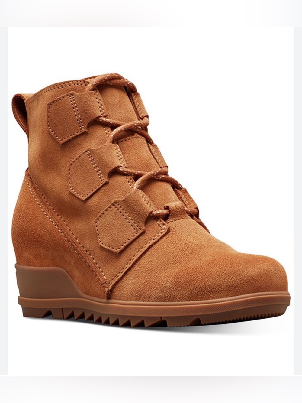 Sorel Evie Lace Wedge Boot in Soft Waterproof Cognac Suede Women’s Size 8